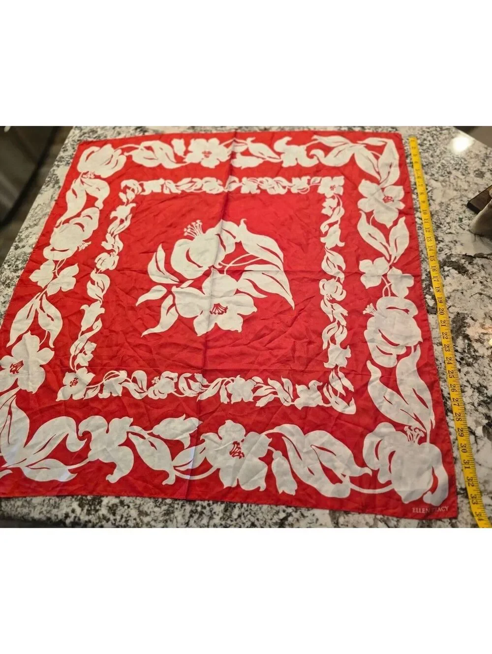 Vintage Ellen Tracy Red White Hibiscus Floral 100% Silk Square Scarf